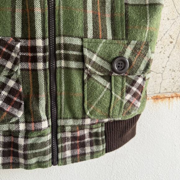 Y2K Puffer Vest Green Plaid Wool Blend Faux Fur Hood Quilted Lining Womens Prep - Picture 2 of 9